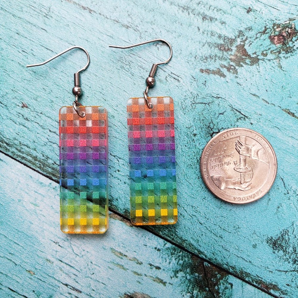 Rainbow Plaid Large Rectangle Dangle Earrings, Stainless Steel/Acrylic, Handmade - Picture 5 of 9